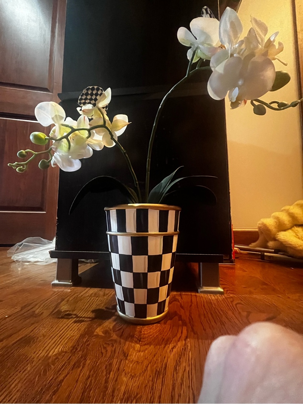 Mackenzie Childs Checkerboard Ceramic Vase w/ Faux Orchids